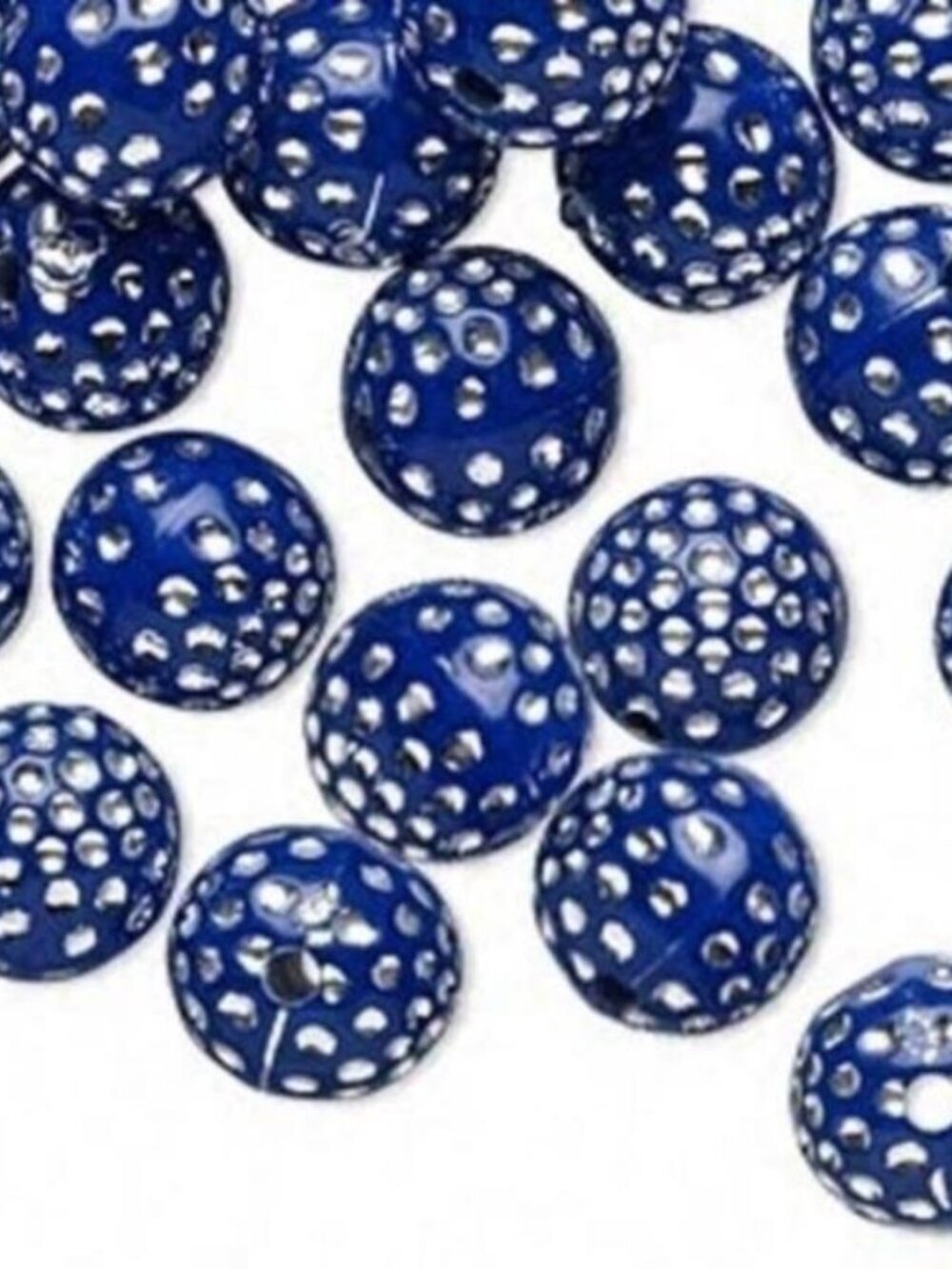 20 Retro Cobalt Blue Silver Polka Dot 10mm Round Beads